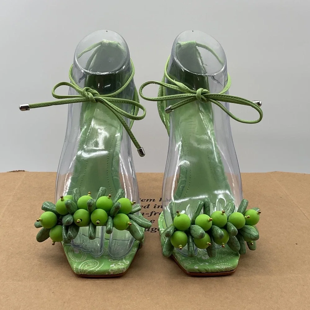 Schutz Green Paisley Beaded Ankle Wrap Stiletto Square Toe Sandals Women 6B